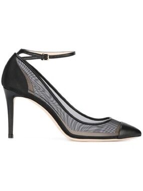 Jimmy Choo Black Leather and Beige Mesh Heels With Ankle Strap